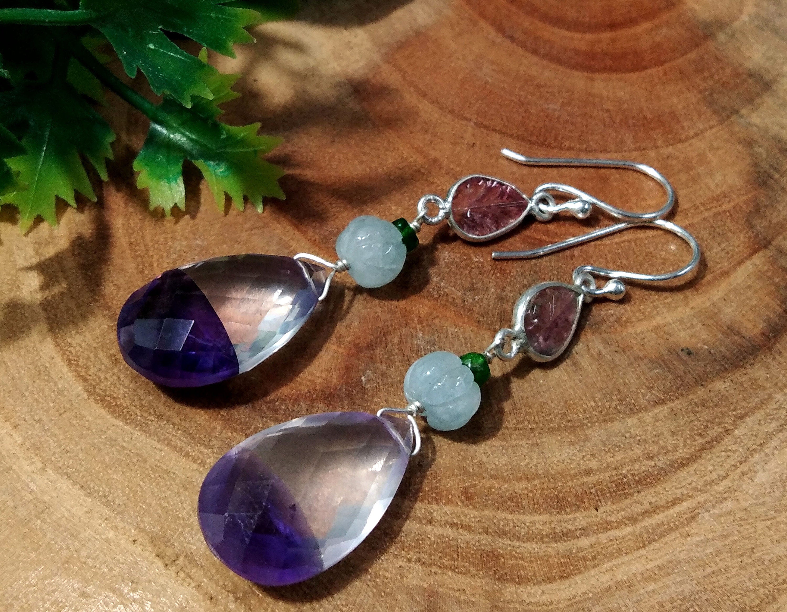 Amazing Natural Doublet Light & Dark Amethyst, Aquamarine, Tourmaline Mix Gemstone Earring, 925 Sterling Silver Jewelry For Girls/Women Gift